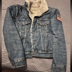 Sherpa Lined Denim Jacket with Flag Patch